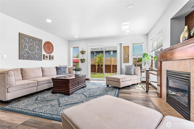 7328 Seashell Way, Blaine, WA 98230 - living room with recessed lighting, wood finished floors, and a tile fireplace