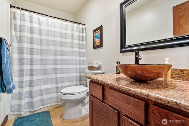7328 Seashell Way, Blaine, WA 98230 - full bathroom featuring toilet, vanity, tile patterned floors, and a shower with curtain