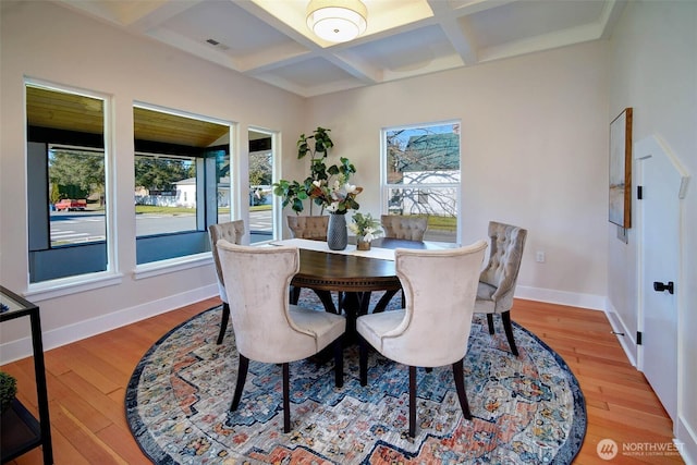 306 3rd St, Sultan, WA 98294 - dining room featuring coffered ceiling, wood finished floors, beamed ceiling, and baseboards