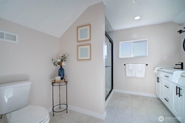 306 3rd St, Sultan, WA 98294 - bathroom with toilet, vanity, a stall shower, baseboards, and lofted ceiling