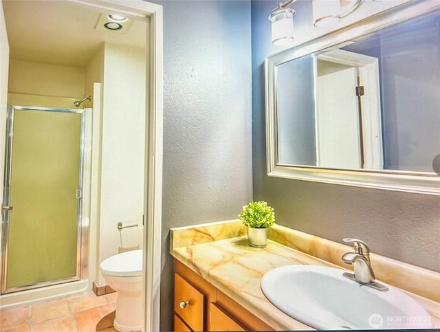 2020 SW 318th Pl Unit C3, Federal Way, WA 98023 - full bathroom featuring a textured wall, a stall shower, toilet, vanity, and tile patterned floors