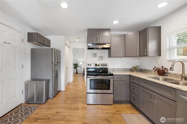 920 S 73rd St, Tacoma, WA 98408 - kitchen featuring stainless steel appliances, under cabinet range hood, gray cabinetry, recessed lighting, and light wood-type flooring