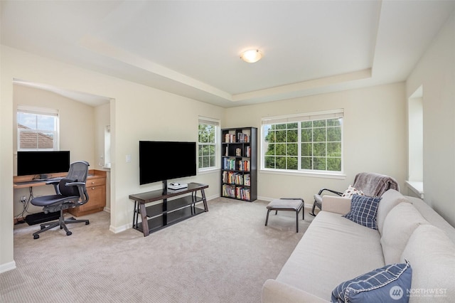 17376 NE 119th Way, Redmond, WA 98052 - carpeted living area featuring a raised ceiling, plenty of natural light, and baseboards