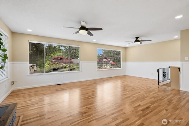 104 Hawthorn Ln, Shelton, WA 98584 - unfurnished living room with ceiling fan, light wood-style floors, and recessed lighting