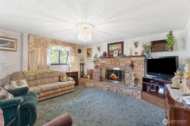 515 N Clark Rd, Moses Lake, WA 98837 - living area with a textured ceiling, a chandelier, a stone fireplace, and carpet floors