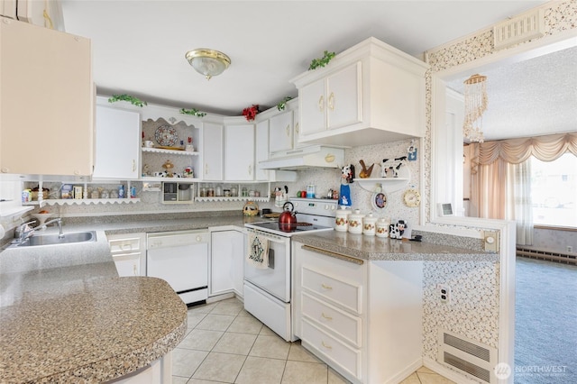 515 N Clark Rd, Moses Lake, WA 98837 - kitchen with white appliances, open shelves, a sink, under cabinet range hood, and light tile patterned floors