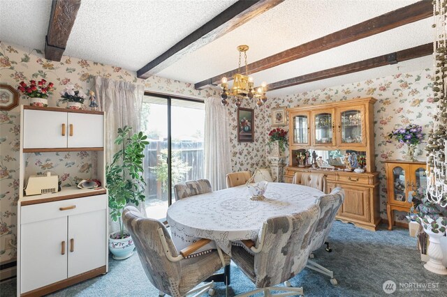 515 N Clark Rd, Moses Lake, WA 98837 - dining room with wallpapered walls, beamed ceiling, a chandelier, light carpet, and a textured ceiling