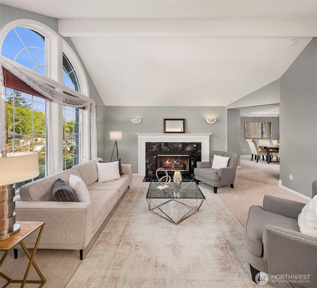 6513 156th Ave SE, Bellevue, WA 98006 - living area with beam ceiling, baseboards, high vaulted ceiling, carpet, and a premium fireplace