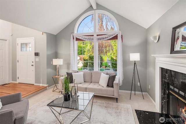6513 156th Ave SE, Bellevue, WA 98006 - carpeted living room with a premium fireplace, lofted ceiling, and baseboards