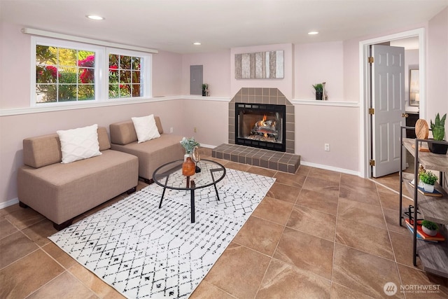 6513 156th Ave SE, Bellevue, WA 98006 - tiled living room with baseboards, a tiled fireplace, and recessed lighting