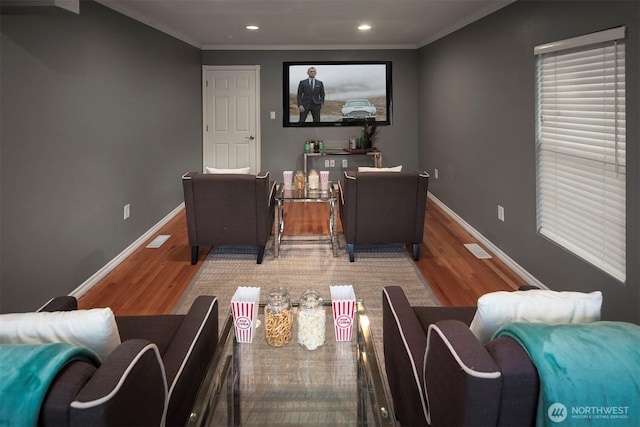 6513 156th Ave SE, Bellevue, WA 98006 - home theater room featuring wood finished floors, ornamental molding, baseboards, and recessed lighting