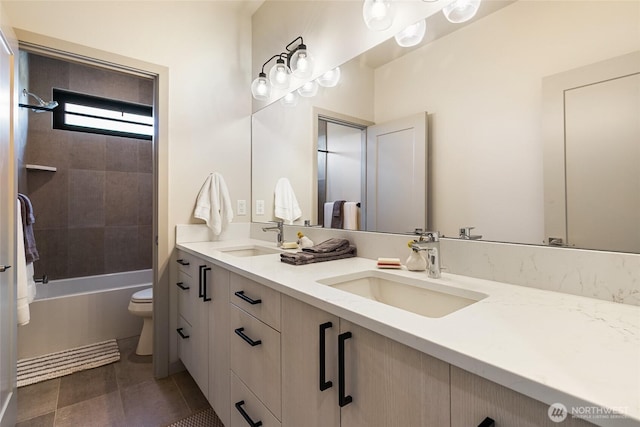 4260 Creston Way, Bellingham, WA 98226 - bathroom featuring double vanity, toilet, shower / washtub combination, and tile patterned floors