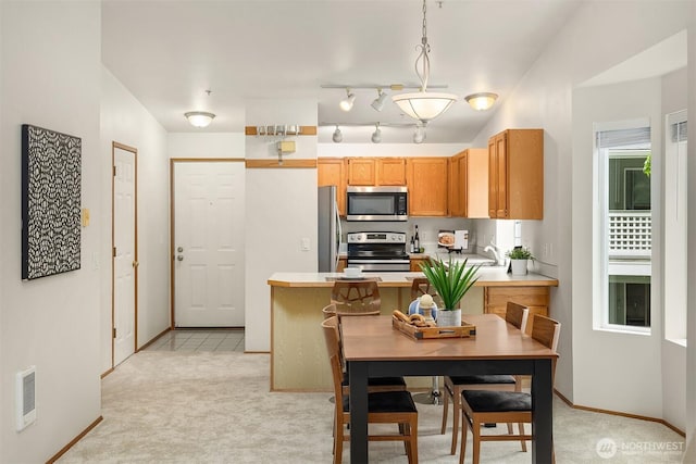 12315 NE 97th St Unit G, Kirkland, WA 98033 - kitchen with appliances with stainless steel finishes, light carpet, light countertops, and pendant lighting