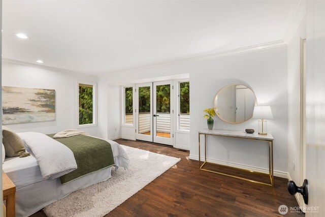 16939 SE 39th St, Bellevue, WA 98008 - bedroom with ornamental molding, wood finished floors, baseboards, recessed lighting, and access to exterior