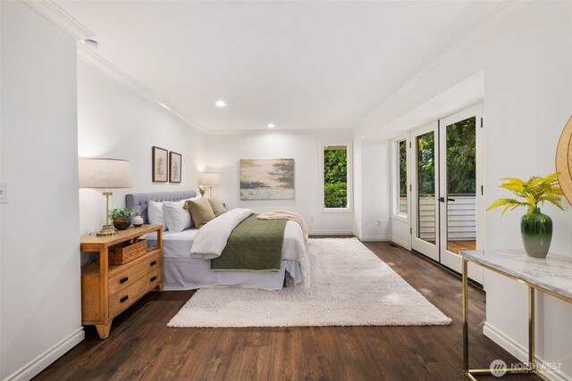 16939 SE 39th St, Bellevue, WA 98008 - bedroom featuring access to exterior, ornamental molding, baseboards, dark wood-style floors, and recessed lighting