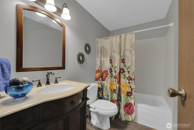 14426 55th Ave SE, Everett, WA 98208 - full bath featuring vanity, toilet, shower / bathtub combination with curtain, and wood finished floors