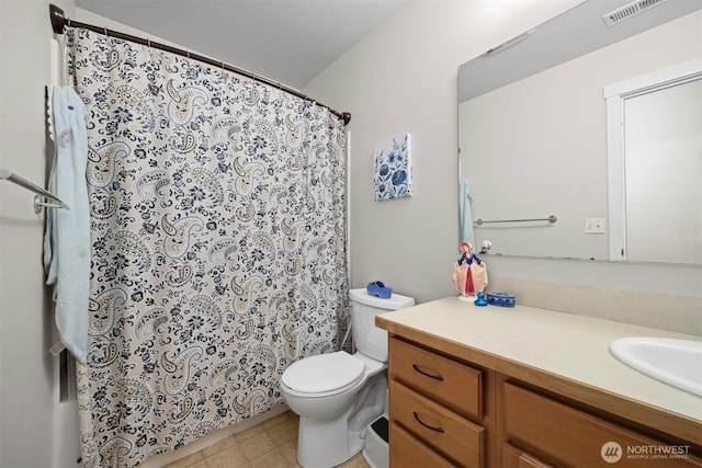 5695 Meadow View Dr, Ferndale, WA 98248 - bathroom featuring vanity, toilet, a shower with shower curtain, and tile patterned floors