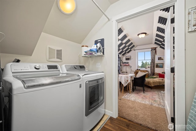 5695 Meadow View Dr, Ferndale, WA 98248 - laundry room featuring independent washer and dryer and dark wood-style floors
