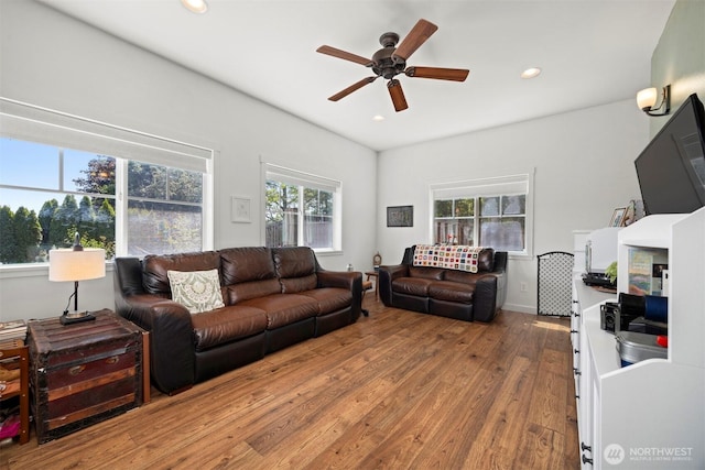 5695 Meadow View Dr, Ferndale, WA 98248 - living room with light wood finished floors, healthy amount of natural light, recessed lighting, and a ceiling fan