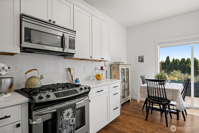 5695 Meadow View Dr, Ferndale, WA 98248 - kitchen featuring appliances with stainless steel finishes, tasteful backsplash, light countertops, and dark wood-style floors