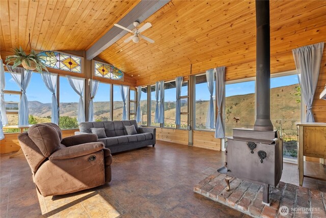 87 Vintin Rd, Carlton, WA 98814 - sunroom with a wood stove, a mountain view, wooden walls, and wood ceiling