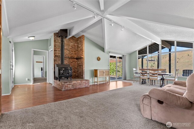 87 Vintin Rd, Carlton, WA 98814 - carpeted living room featuring track lighting, baseboards, a wood stove, and wood finished floors