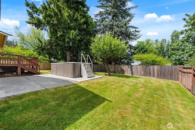 14208 NE 73rd St, Redmond, WA 98052 - view of yard featuring a patio area, a wooden deck, and an outdoor hot tub