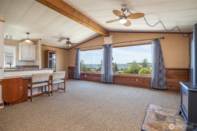 7515 Sunset Dr, Blaine, WA 98230 - kitchen with ceiling fan, a wood stove, wainscoting, a sink, and light carpet