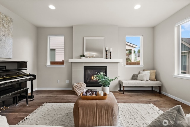 3998 Sawtooth Ct, Gig Harbor, WA 98332 - living area featuring wood finished floors, recessed lighting, baseboards, and a fireplace