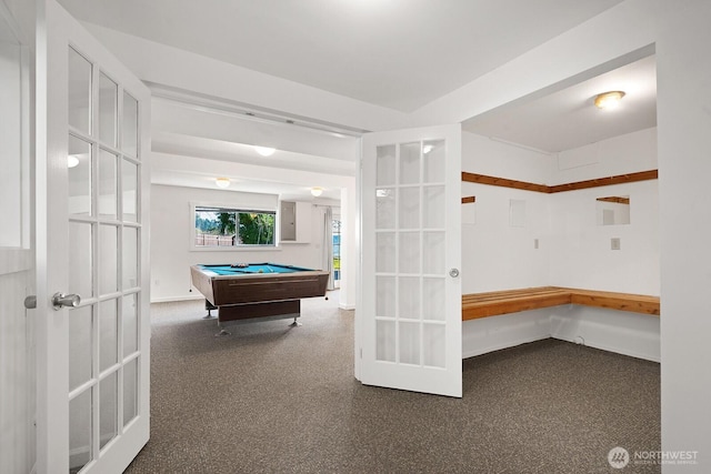 11613 SW Shawnee, Vashon, WA 98070 - game room with billiards table, baseboards, french doors, and carpet flooring