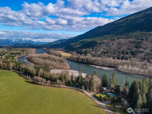 8789 Cedar Ct, Sedro Woolley, WA 98284 - drone / aerial view of a water and mountain view and a heavily wooded area