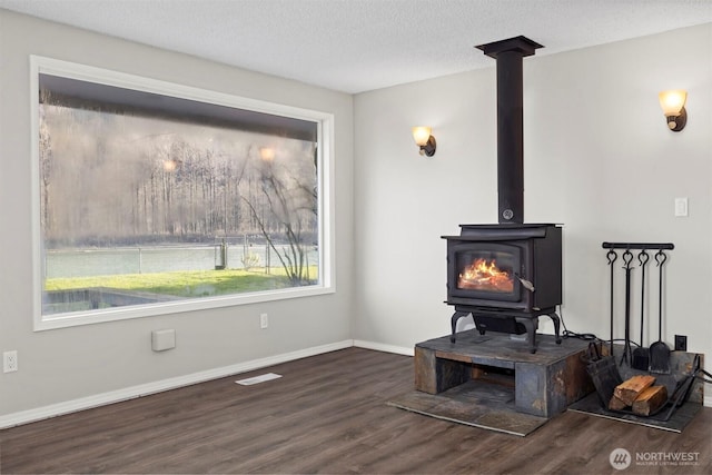 8789 Cedar Ct, Sedro Woolley, WA 98284 - living room featuring a wood stove, wood finished floors, baseboards, and a textured ceiling