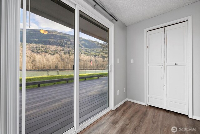 8789 Cedar Ct, Sedro Woolley, WA 98284 - unfurnished bedroom featuring access to exterior, wood finished floors, a textured ceiling, a mountain view, and baseboards