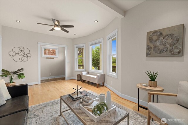 1218 NE 69th St, Seattle, WA 98115 - living area with wood finished floors, ceiling fan, baseboards, recessed lighting, and beam ceiling
