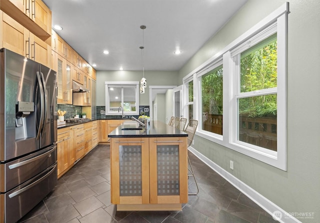 1218 NE 69th St, Seattle, WA 98115 - kitchen with appliances with stainless steel finishes, dark countertops, under cabinet range hood, a sink, and tasteful backsplash
