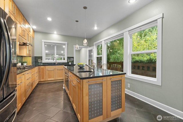 1218 NE 69th St, Seattle, WA 98115 - kitchen featuring under cabinet range hood, backsplash, recessed lighting, a kitchen island with sink, and stainless steel appliances