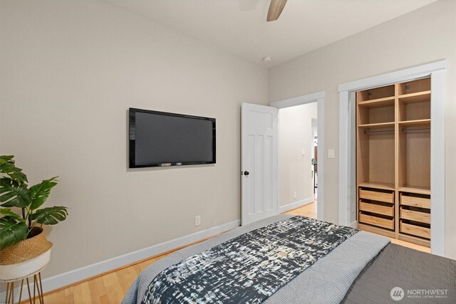 1218 NE 69th St, Seattle, WA 98115 - bedroom with wood finished floors, baseboards, a closet, and ceiling fan