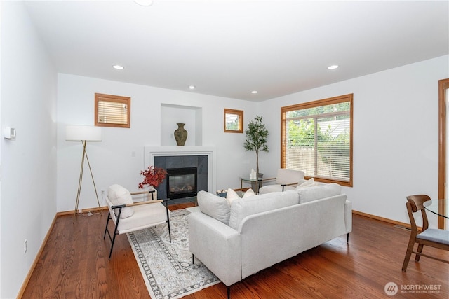 14808 26th Pl W Unit 2, Lynnwood, WA 98087 - living room featuring a fireplace, wood finished floors, and recessed lighting