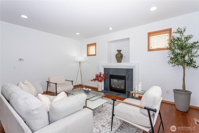 14808 26th Pl W Unit 2, Lynnwood, WA 98087 - living room with wood finished floors, recessed lighting, and a fireplace