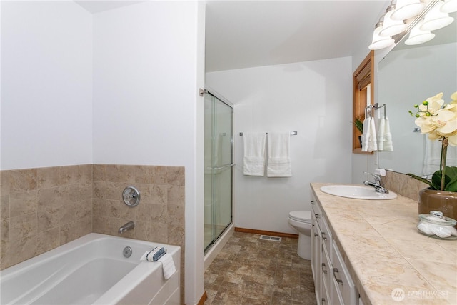 14808 26th Pl W Unit 2, Lynnwood, WA 98087 - bathroom with a garden tub, vanity, a shower with door, and stone finish floors
