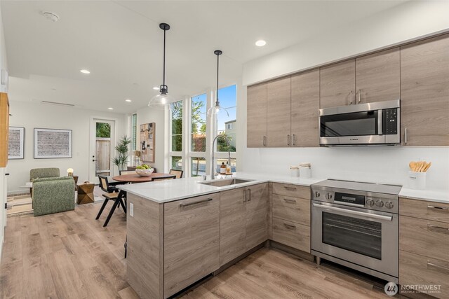 112F 2nd St S, Kirkland, WA 98033 - kitchen featuring appliances with stainless steel finishes, a sink, light wood-style floors, open floor plan, and a peninsula
