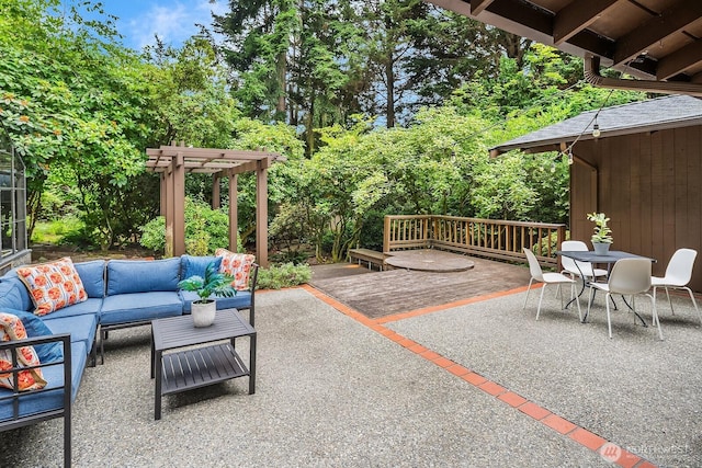 8509 NE 27th Pl, Clyde Hill, WA 98004 - view of patio featuring outdoor lounge area, a pergola, outdoor dining space, a deck, and view of wooded area
