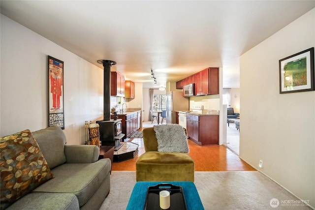 70 E Rustle Way, Grapeview, WA 98546 - living room with a wood stove, rail lighting, and light wood-style floors