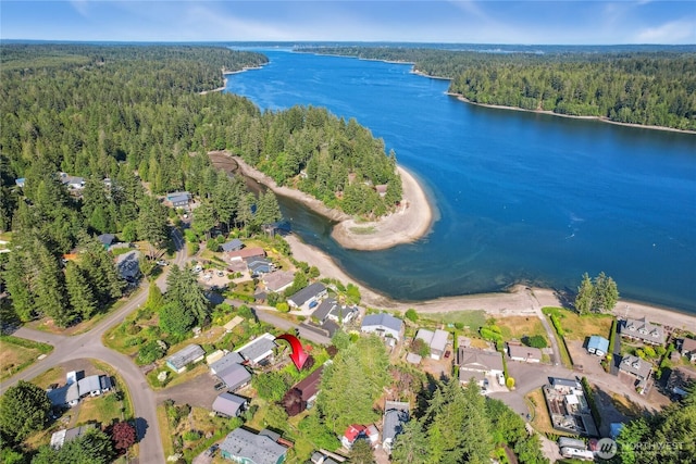70 E Rustle Way, Grapeview, WA 98546 - aerial view of property's location featuring a heavily wooded area, a large body of water, and nearby suburban area
