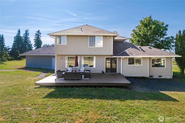 9906 328th St E, Graham, WA 98338 - back of house with outdoor lounge area, a lawn, a deck, and a shingled roof