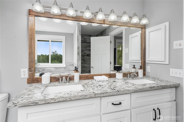 9906 328th St E, Graham, WA 98338 - bathroom featuring double vanity, a tile shower, and toilet
