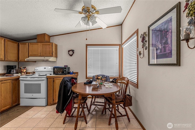 322 N Kentucky Unit A & B, East Wenatchee, WA 98802 - kitchen featuring white electric range oven, under cabinet range hood, a textured ceiling, ceiling fan, and brown cabinets