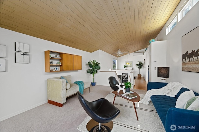 4618 3rd Ave NW, Seattle, WA 98107 - living area featuring vaulted ceiling, carpet, wooden ceiling, baseboards, and ceiling fan