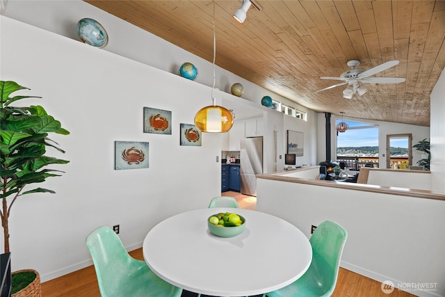 4618 3rd Ave NW, Seattle, WA 98107 - dining room featuring wood ceiling, light wood-type flooring, a ceiling fan, and baseboards