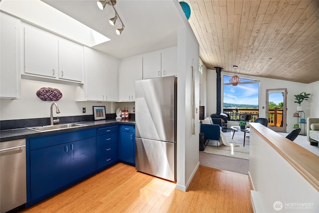 4618 3rd Ave NW, Seattle, WA 98107 - kitchen with appliances with stainless steel finishes, a sink, dark countertops, blue cabinets, and wood ceiling